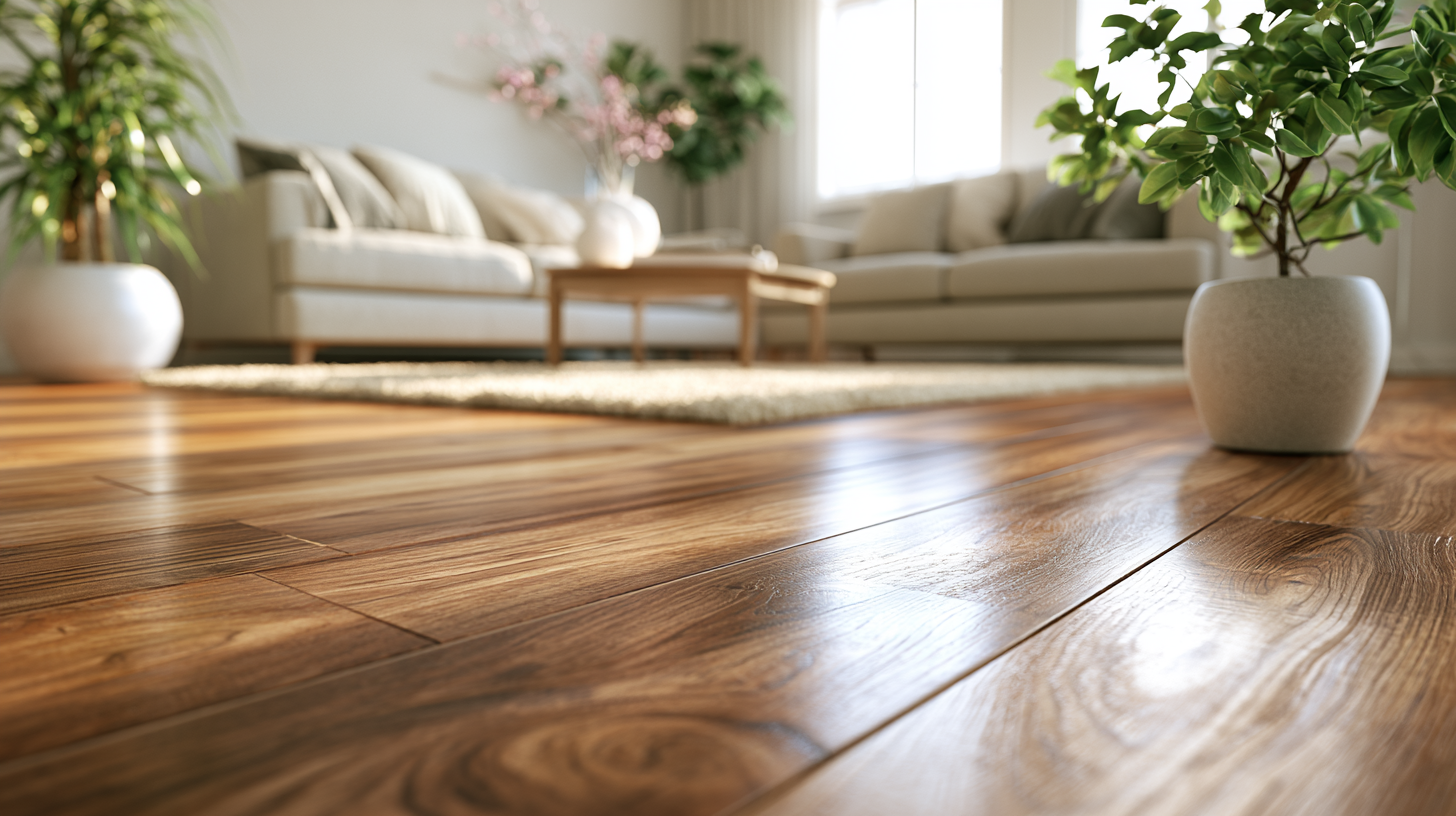 Glossy hardwood floor in a peaceful sunlit living room